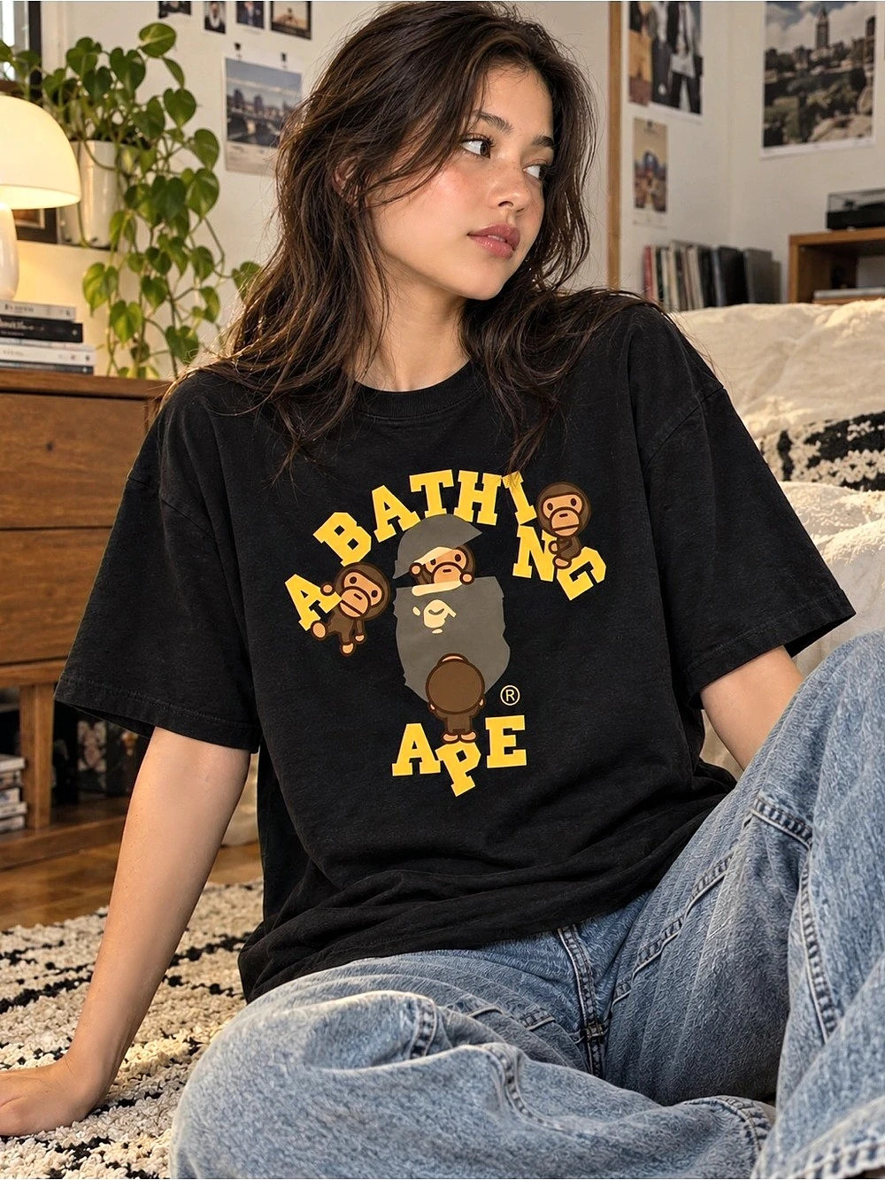 A Bathing Ape Baby Milo Multiple Characters Graphic Tee Gildan Reprint – Black
